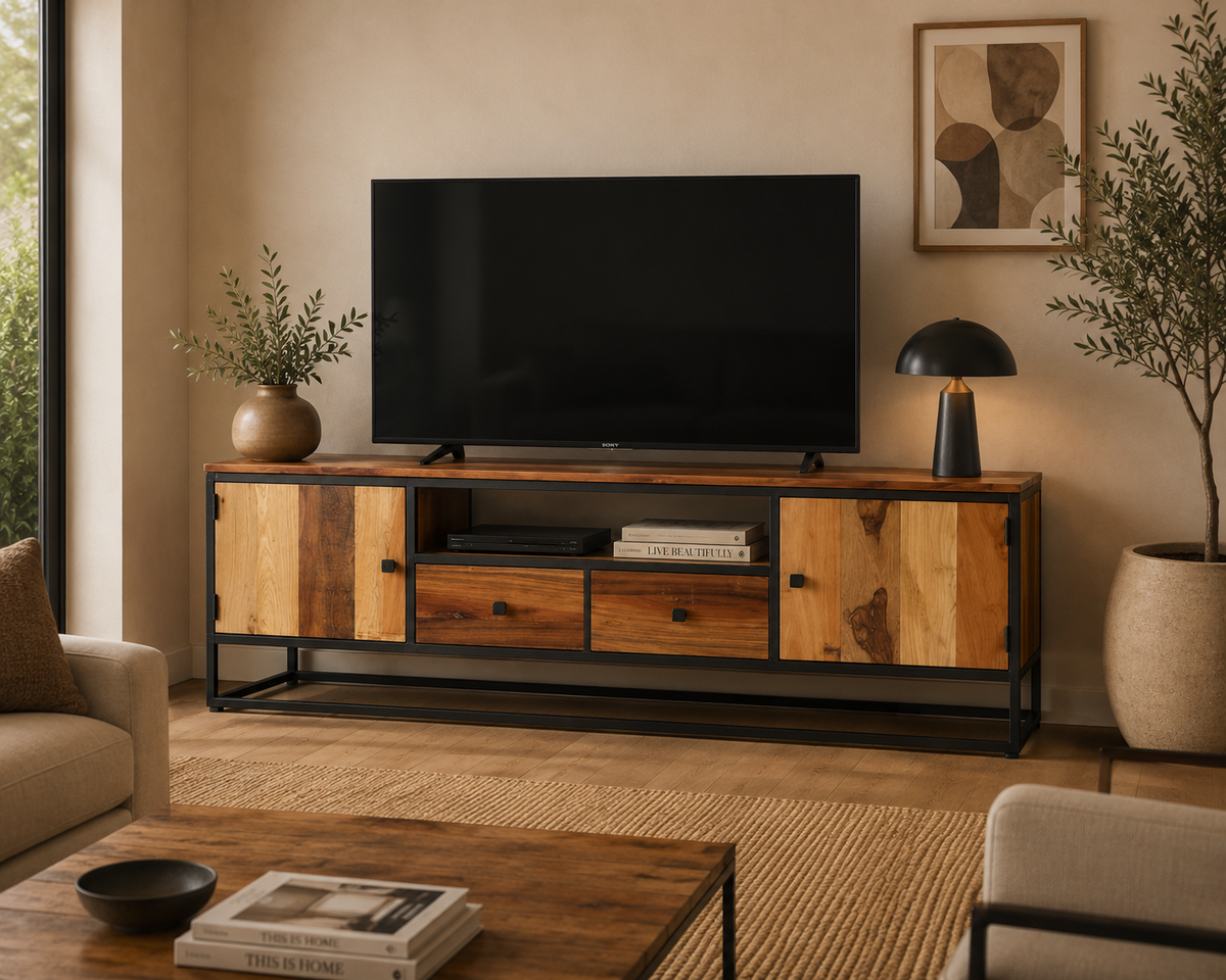 Meuble TV industriel en bois recyclé massif avec rangements intégrés et structure métallique noire dans un salon moderne