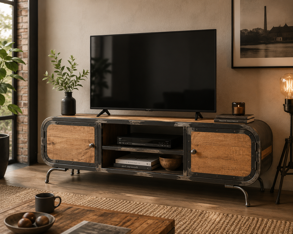 Vue d'angle du meuble TV en bois massif et métal noir dans un intérieur au style industriel moderne
