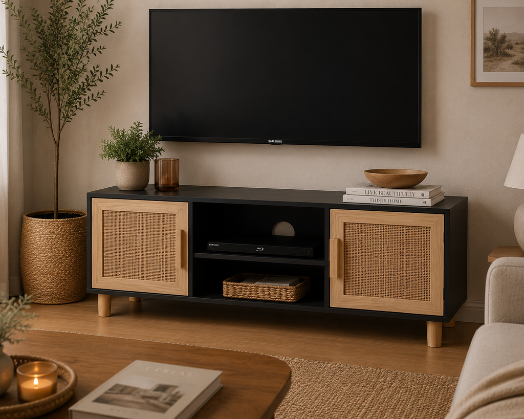 Meuble TV noir mat avec portes en cannage de rotin dans un salon au style japandi, scandinave et contemporain