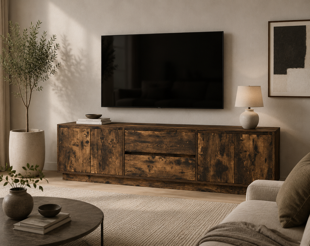 Meuble TV LED 160 cm avec portes et tiroirs de rangement en finition bois chêne fumé dans un salon contemporain