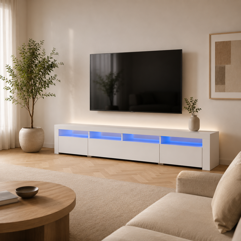 Meuble TV LED blanc 240 cm avec rangements spacieux et éclairage intégré dans un intérieur moderne et lumineux
