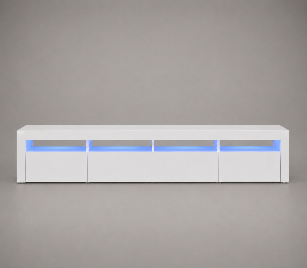 Meuble TV LED blanc 240 cm avec rangements intégrés, éclairage LED bleu et design moderne minimaliste pour salon contemporain