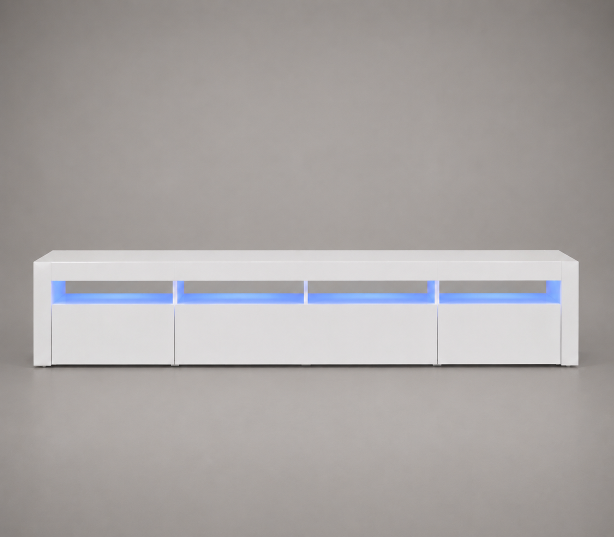 Meuble TV LED blanc 240 cm avec rangements intégrés, éclairage LED bleu et design moderne minimaliste pour salon contemporain