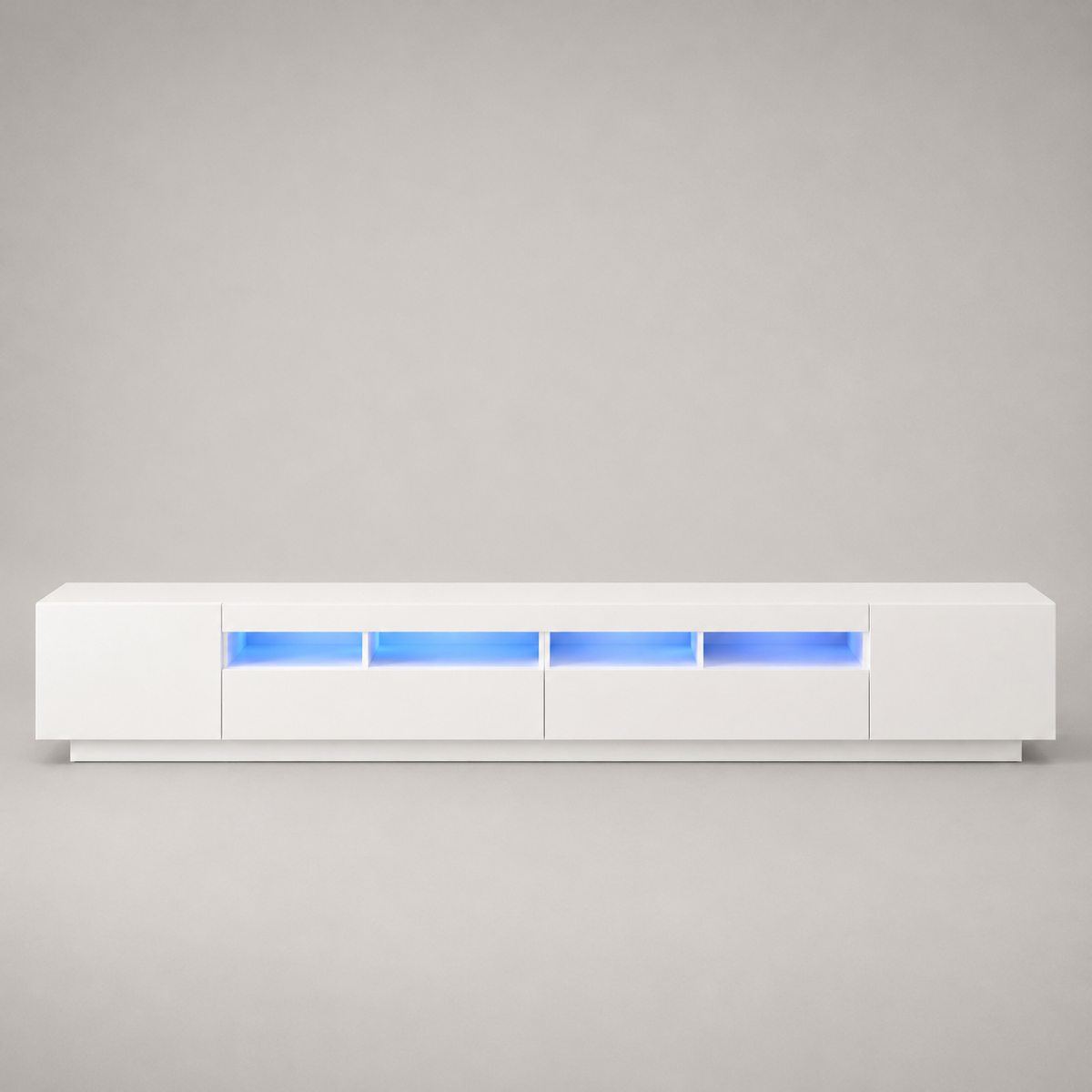 Meuble TV LED blanc 260 cm avec rangements intégrés, modules séparables, éclairage LED et design moderne contemporain