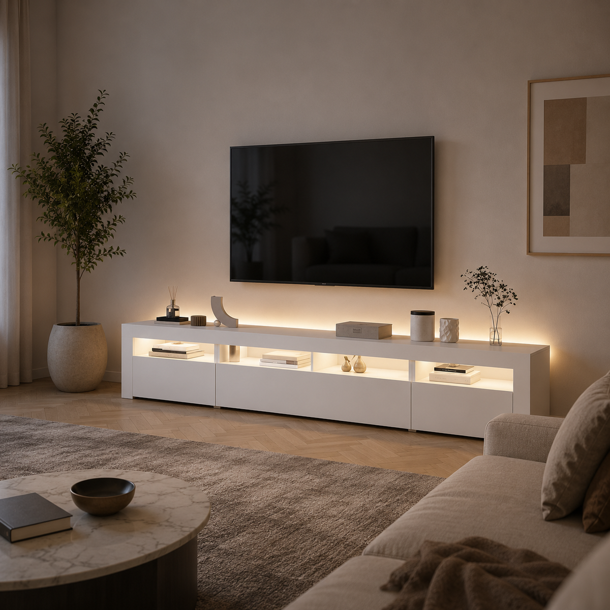 Meuble TV LED blanc moderne avec éclairage d’ambiance intégré dans un salon lumineux et contemporain