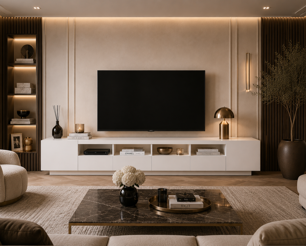 Meuble TV blanc avec éclairage LED intégré et rangements ouverts dans un salon moderne haut de gamme