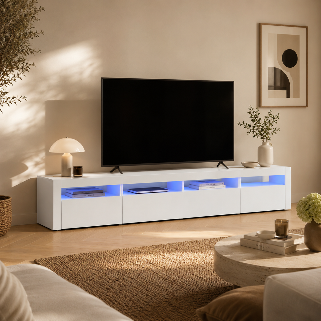 Meuble TV LED blanc avec éclairage bleu intégré mettant en valeur les rangements multimédias dans un salon moderne