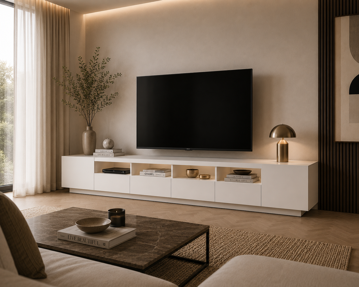 Meuble TV LED blanc grand format avec modules de rangement et design minimaliste dans un salon contemporain