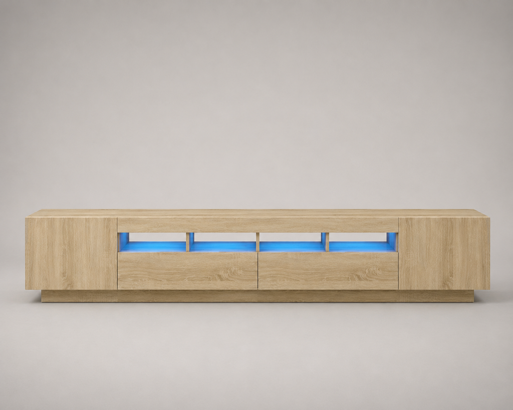 Meuble TV LED effet bois 260 cm avec rangements intégrés et éclairage LED bleu style contemporain