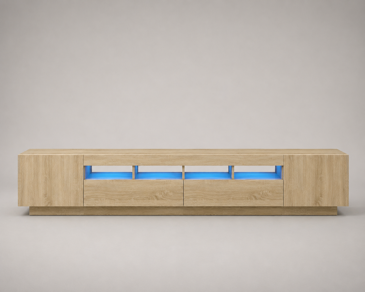 Meuble TV LED effet bois 260 cm avec rangements intégrés et éclairage LED bleu style contemporain