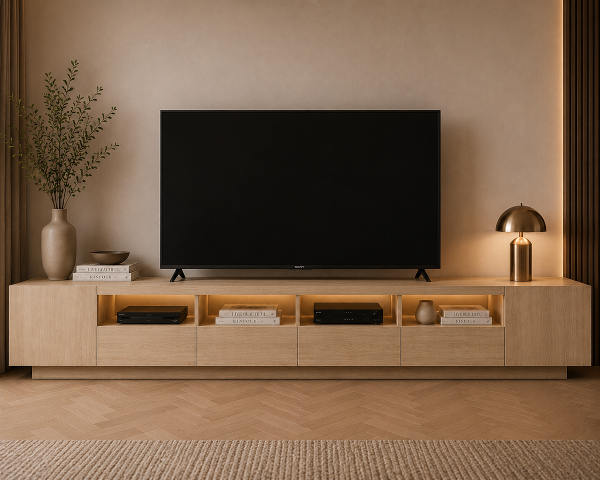 Meuble TV bois moderne 260 cm avec éclairage LED intégré et rangements ouverts dans un intérieur contemporain