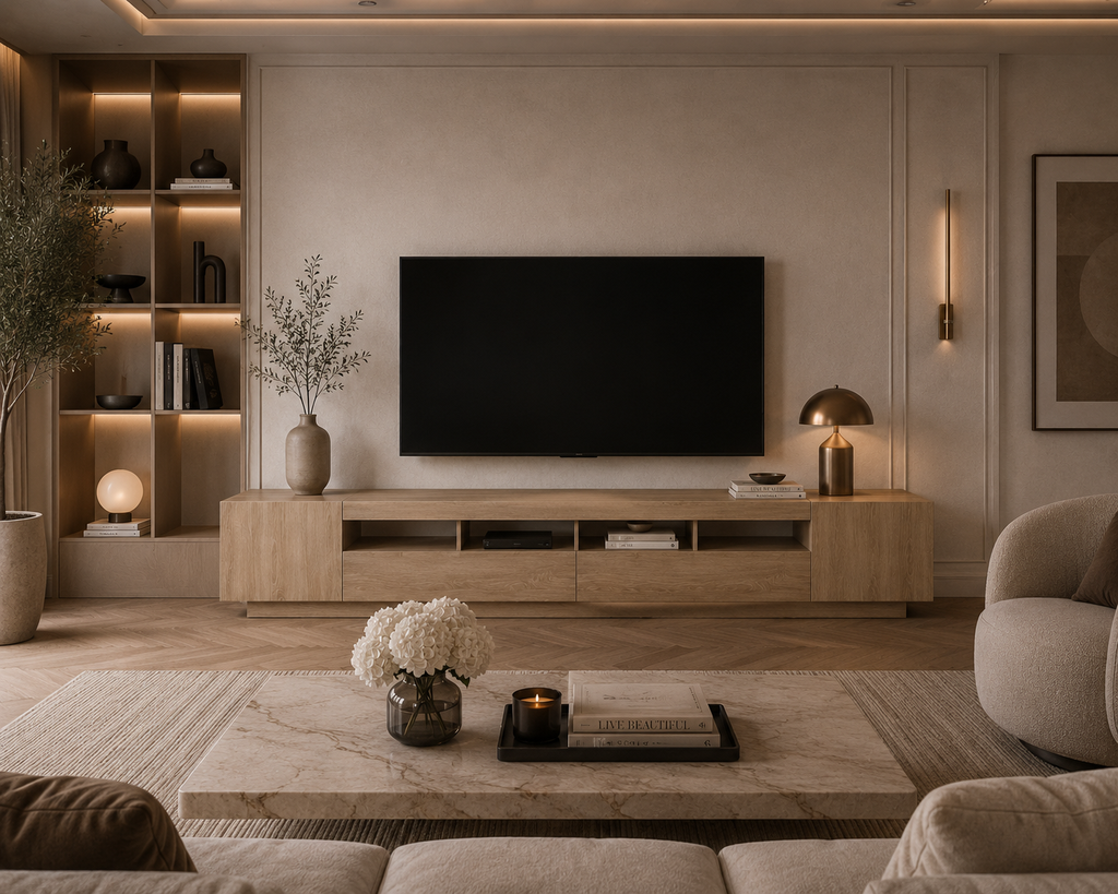 Meuble TV LED effet bois avec modules de rangement installé dans un salon moderne avec télévision grand écran