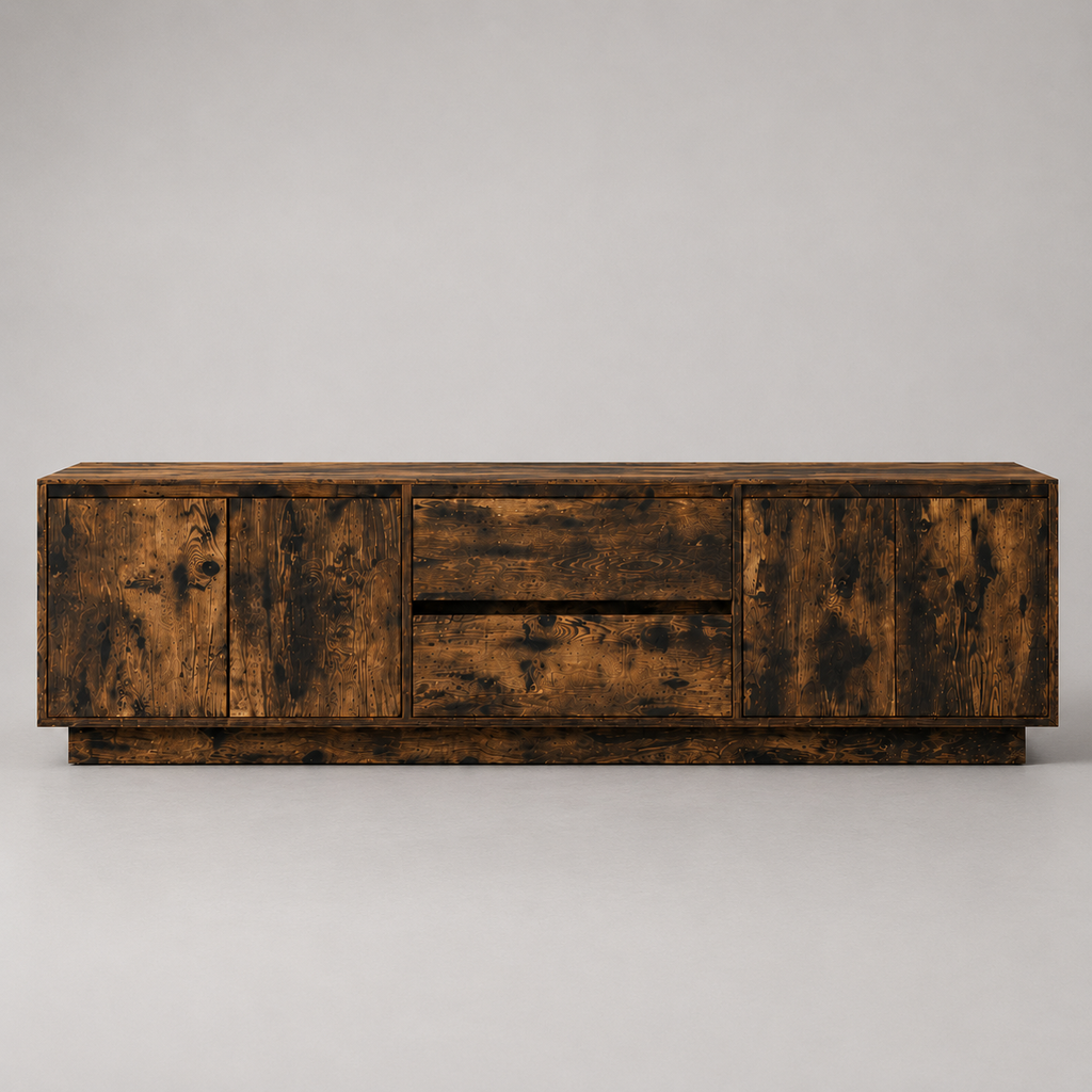 Meuble TV LED 160 cm finition chêne fumé avec 4 portes, 2 tiroirs de rangement, éclairage LED intégré et design moderne contemporain