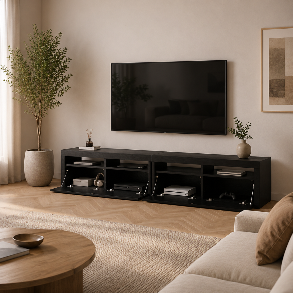 Meuble TV LED finition chêne noir avec rangements ouverts et design minimaliste dans un salon moderne