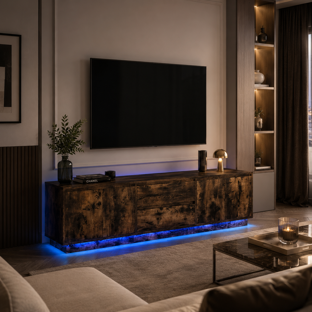 Meuble TV LED contemporain avec éclairage d’ambiance intégré, finition chêne fumé et rangements spacieux