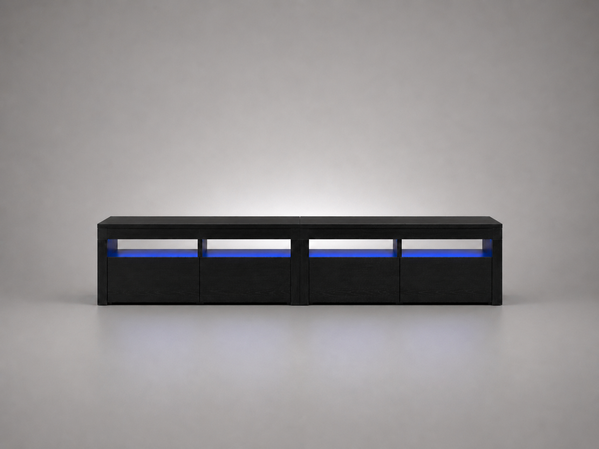 Meuble TV LED noir 240 cm avec 3 portes, 4 étagères, éclairage LED intégré et design minimaliste contemporain pour grand salon
