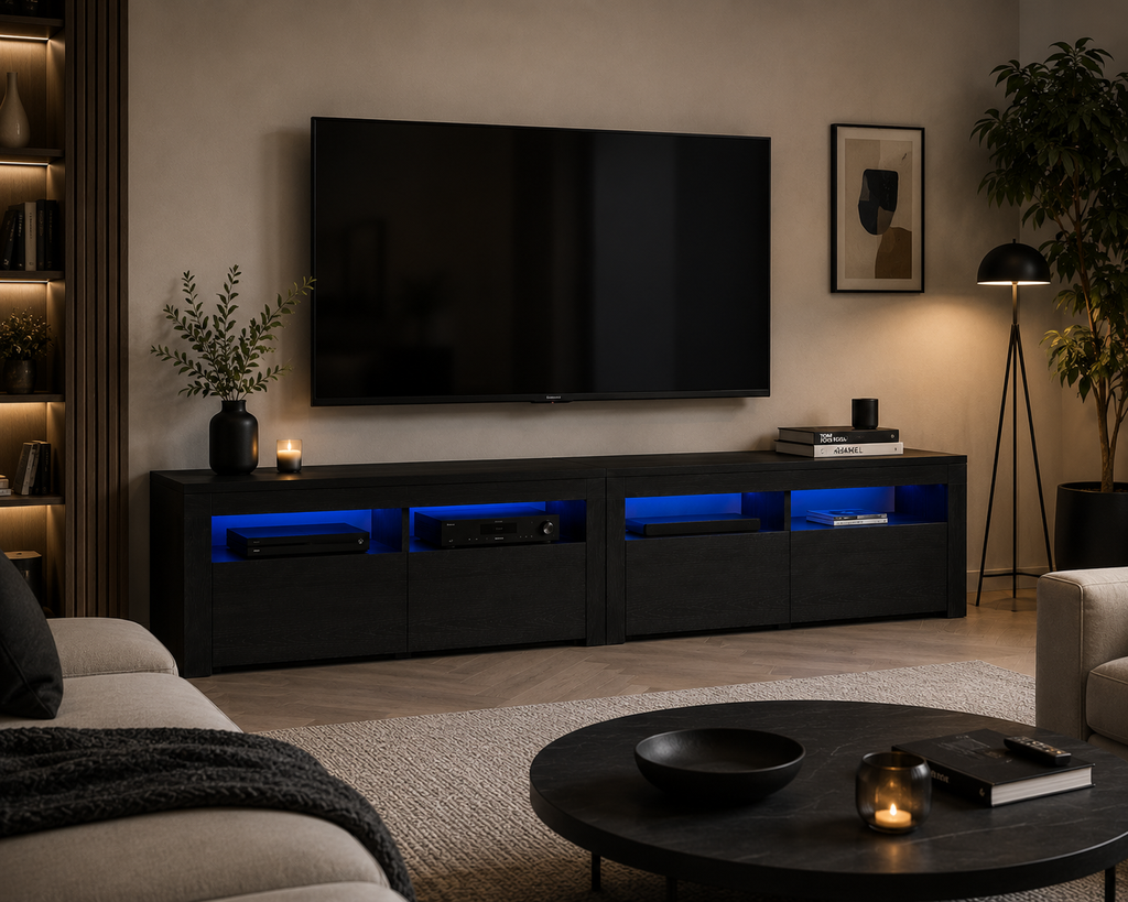 Meuble TV LED noir contemporain avec éclairage d’ambiance intégré et grande capacité de rangement pour salon moderne