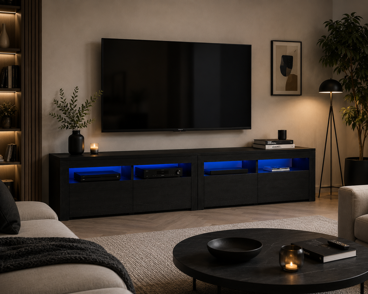 Meuble TV LED noir contemporain avec éclairage d’ambiance intégré et grande capacité de rangement pour salon moderne