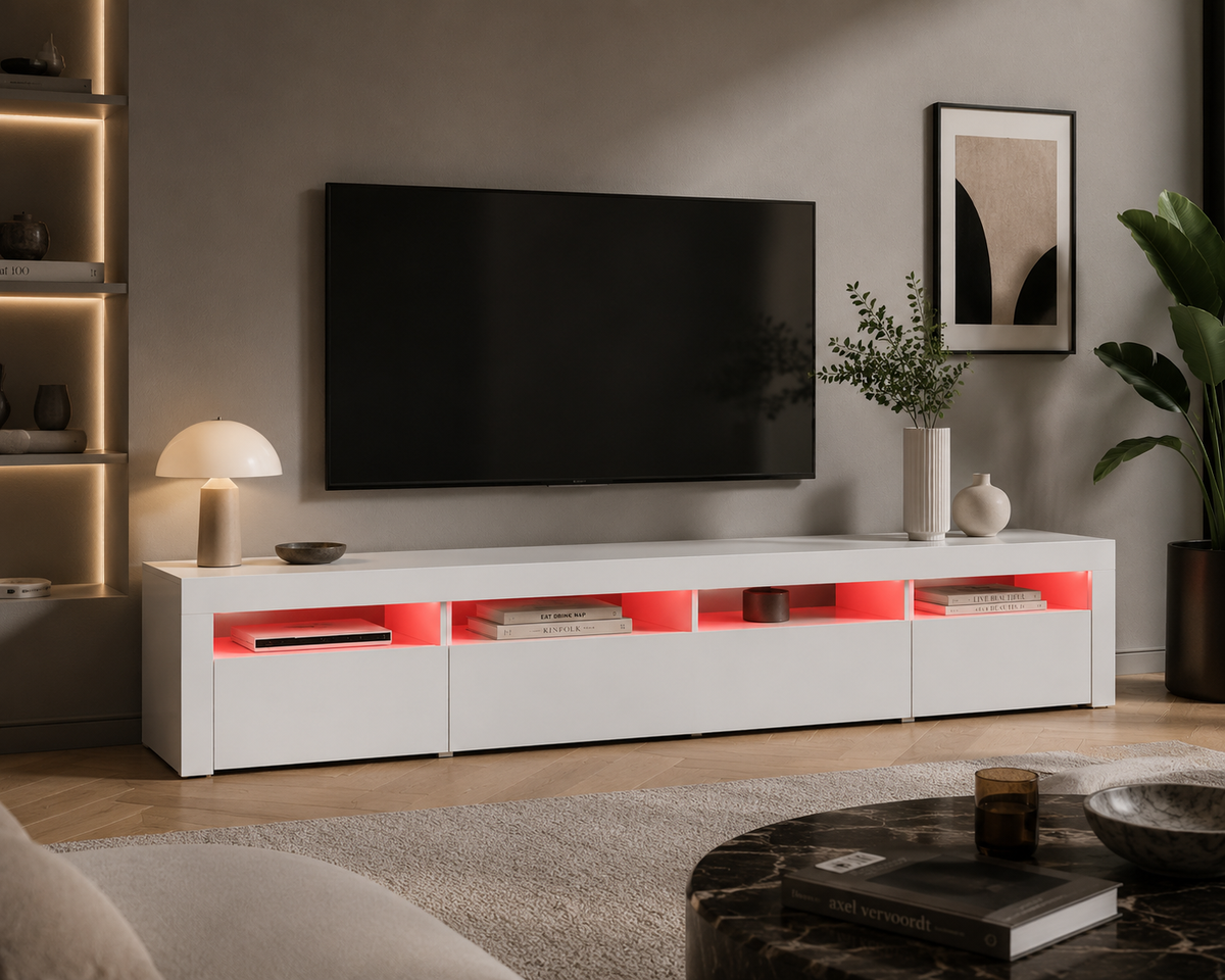 Meuble TV LED blanc avec éclairage RGB personnalisable rouge et design contemporain pour grand salon