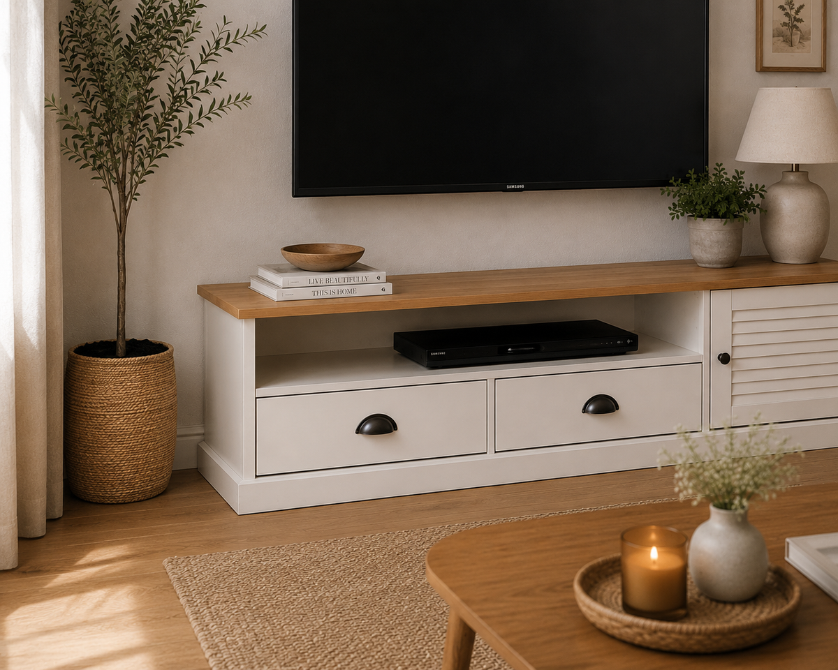 Meuble TV blanc et bois naturel avec porte persienne décorative dans un intérieur chaleureux inspiré du style maison de campagne