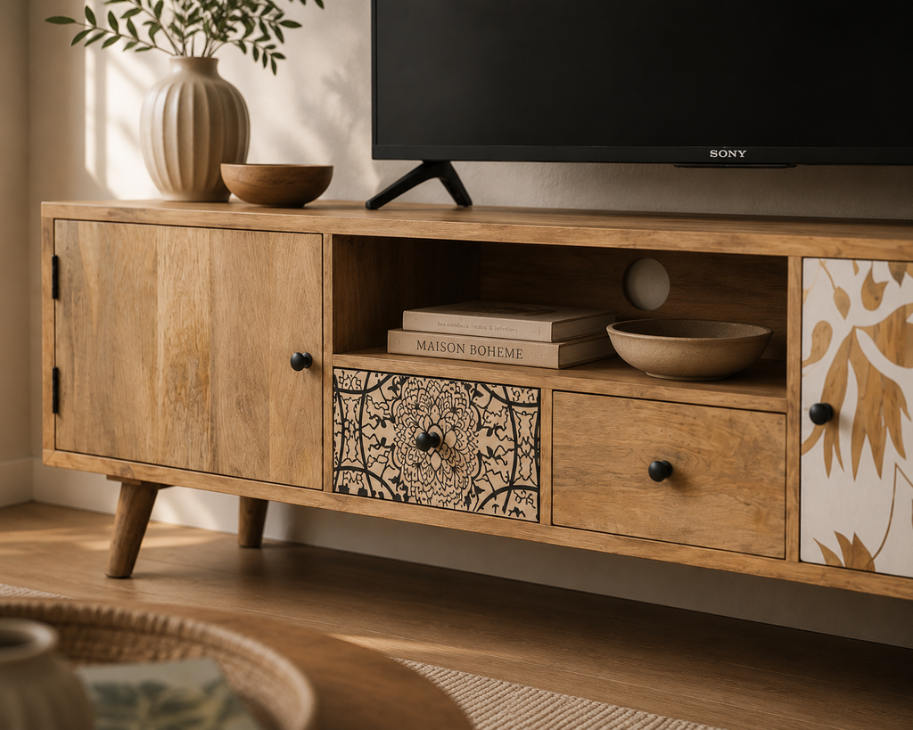 Vue rapprochée du meuble TV 140 cm avec niche ouverte, tiroirs de rangement et portes décoratives en bois de manguier massif
