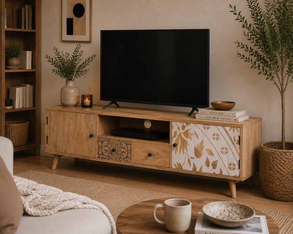 Vue rapprochée du meuble TV 140 cm avec niche ouverte, tiroirs de rangement et portes décoratives en bois de manguier massif