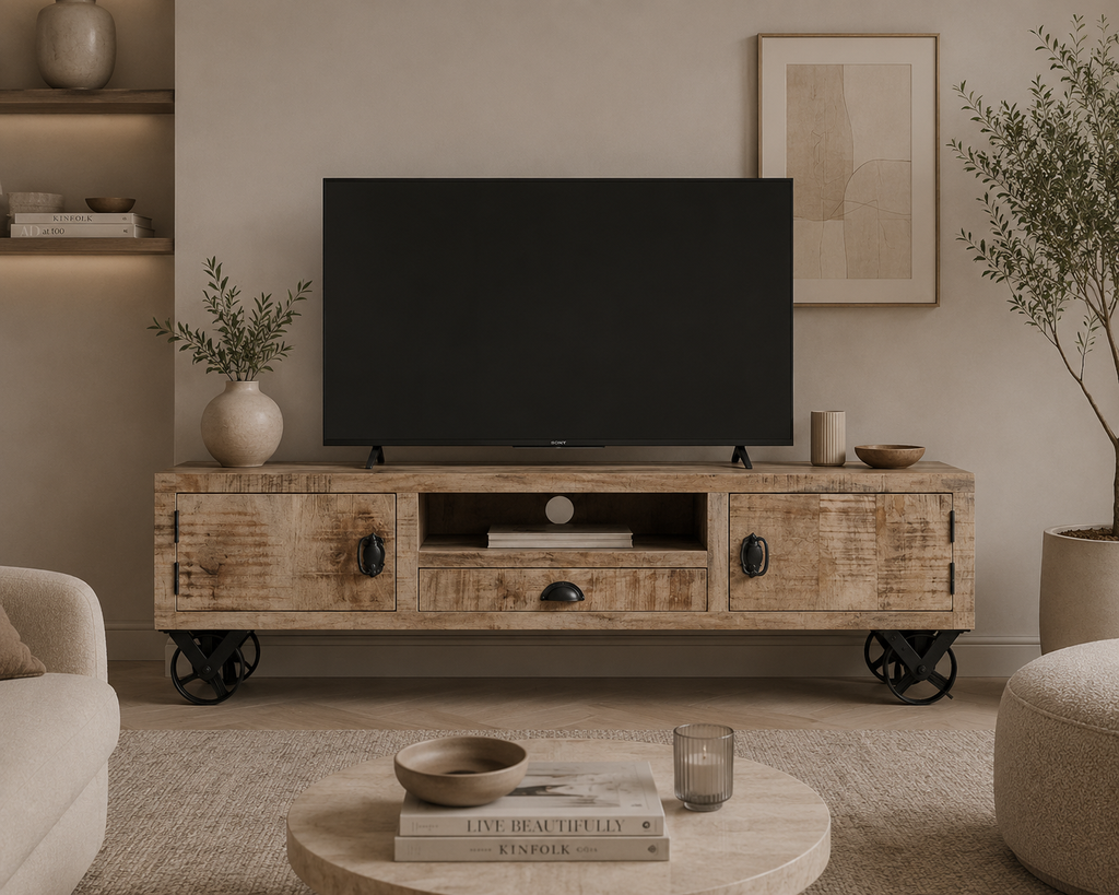 Meuble TV en bois de manguier massif avec roues métalliques installé dans un salon industriel chaleureux avec télévision grand écran