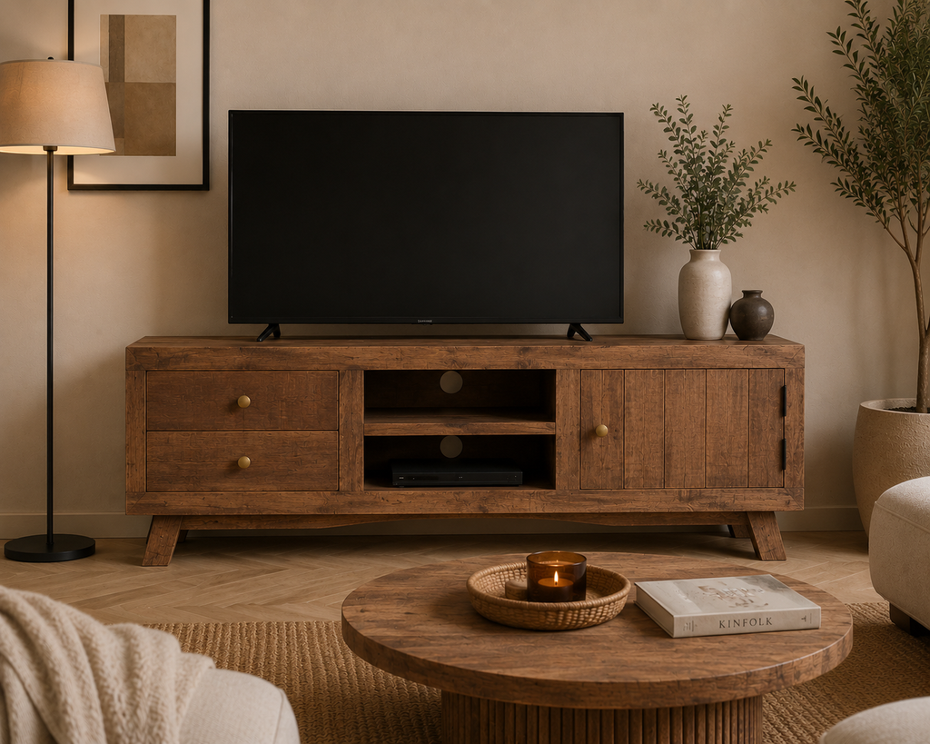 Meuble TV en bois de manguier massif installé dans un salon chaleureux avec télévision grand écran et décoration vintage