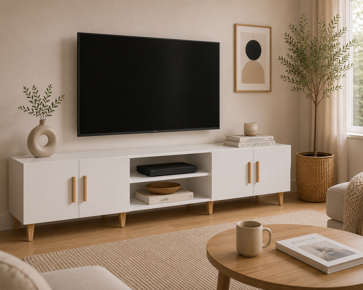 Meuble TV blanc laqué de 180 cm avec quatre portes et deux niches ouvertes dans un salon contemporain élégant