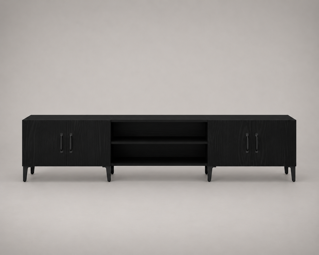 Meuble TV noir 180 cm avec 4 portes, 2 niches ouvertes et pieds métal noir style industriel moderne