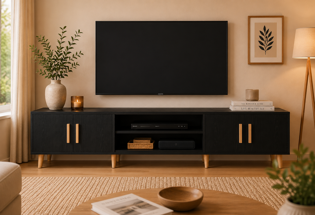 Meuble TV noir effet chêne 180 cm avec 4 portes de rangement, 2 niches ouvertes centrales, pieds bois et design contemporain pour salon moderne