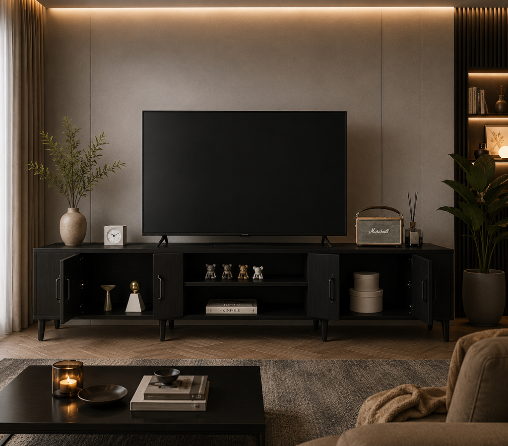 Meuble TV noir 180 cm avec 4 portes de rangement et 2 niches ouvertes dans un salon moderne au style industriel contemporain