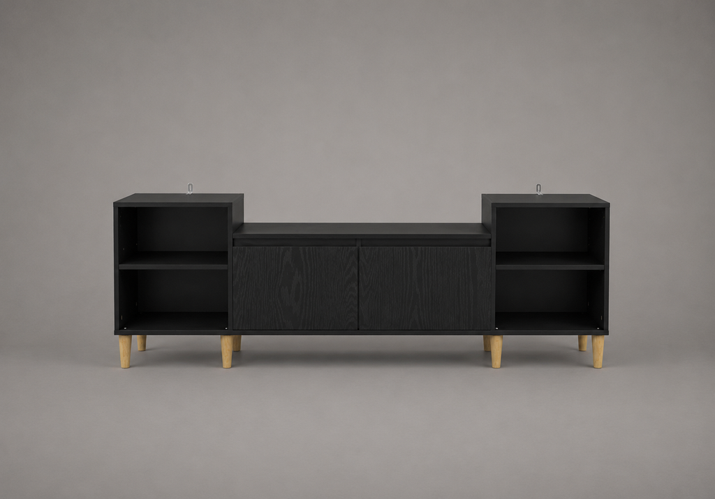 Meuble TV noir effet chêne de 160 cm avec étagères ouvertes latérales, portes de rangement et pieds bois style scandinave moderne