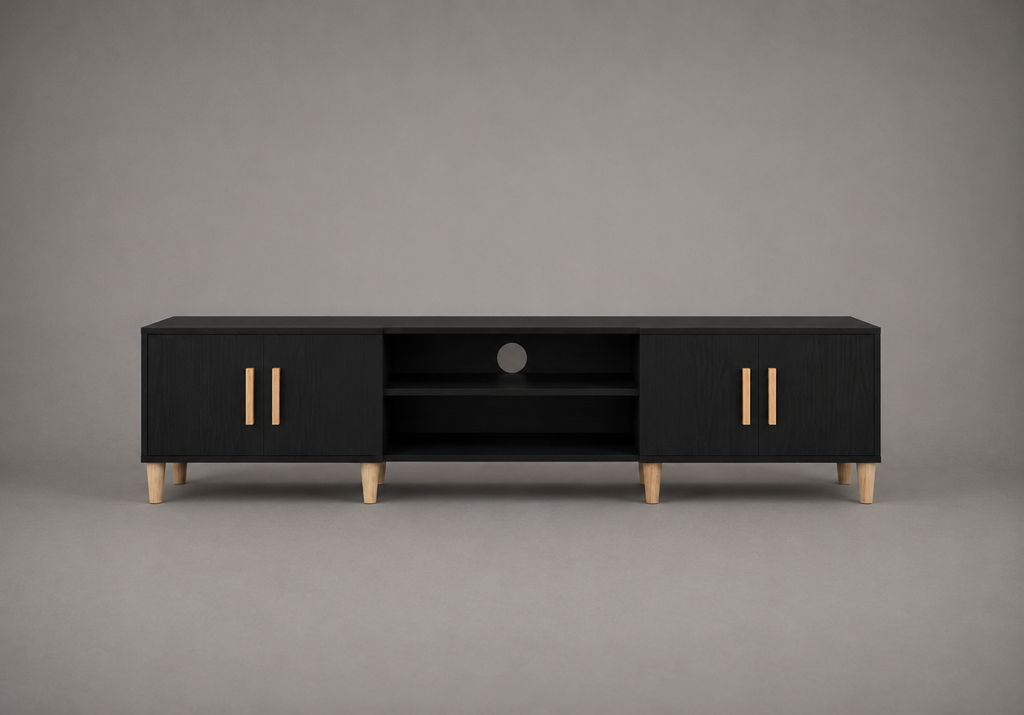 Meuble TV noir effet chêne 180 cm avec 4 portes de rangement, 2 niches ouvertes centrales et pieds bois style contemporain