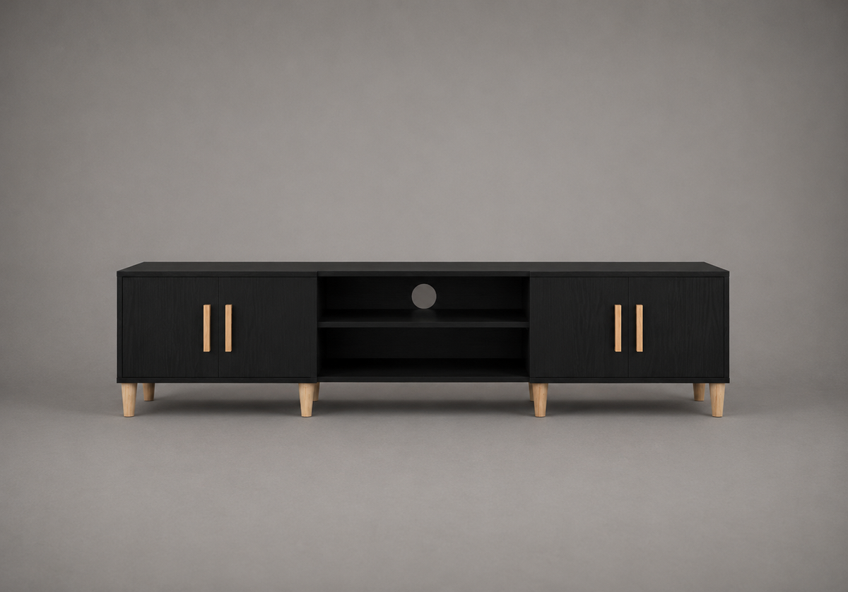 Meuble TV noir effet chêne 180 cm avec 4 portes de rangement, 2 niches ouvertes centrales et pieds bois style contemporain