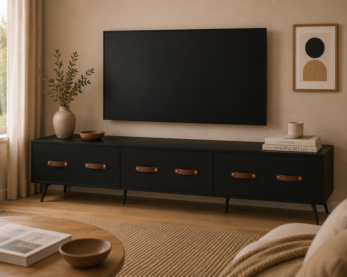 Meuble TV noir mat avec trois tiroirs sous télévision grand format dans un salon contemporain aux tons chaleureux