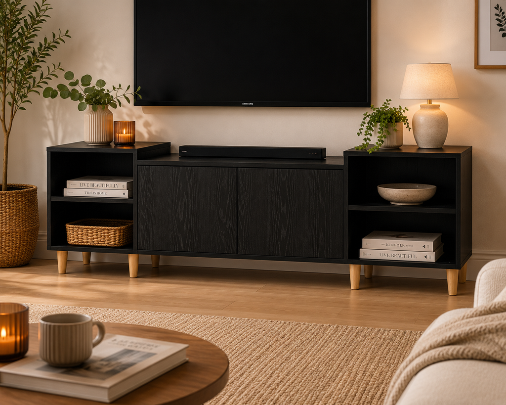 Meuble TV noir effet chêne avec rangements fermés et étagères latérales dans un intérieur contemporain et scandinave