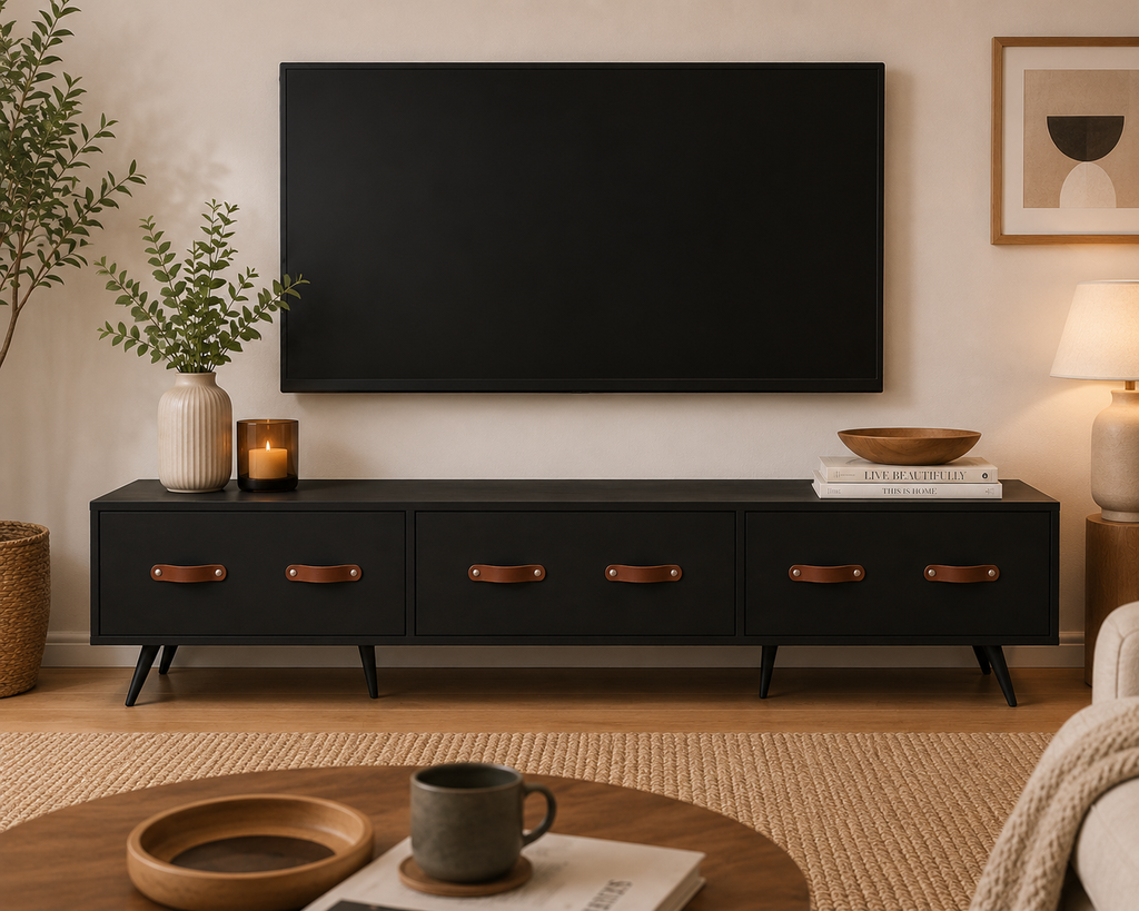 Meuble TV noir mat 150 cm avec 3 tiroirs de rangement, poignées effet cuir marron et pieds métalliques, meuble TV industriel moderne pour salon contemporain