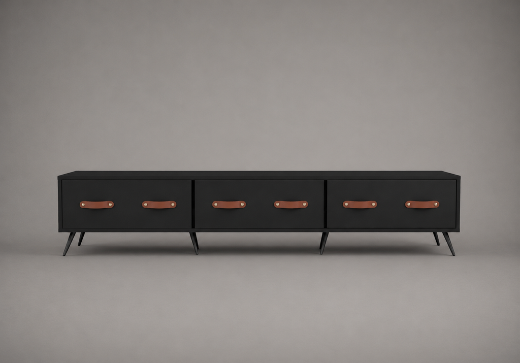 Meuble TV noir mat 150 cm avec 3 tiroirs de rangement, poignées effet cuir marron et pieds métalliques style industriel moderne