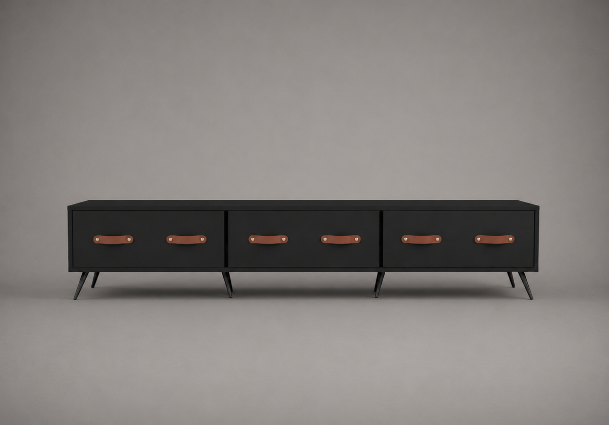 Meuble TV noir mat 150 cm avec 3 tiroirs de rangement, poignées effet cuir marron et pieds métalliques style industriel moderne