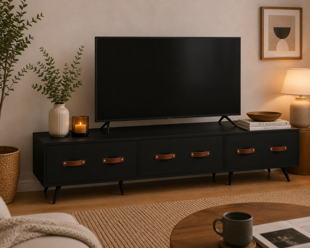 Meuble TV noir mat 150 cm avec trois tiroirs de rangement et pieds métalliques dans un intérieur moderne et minimaliste