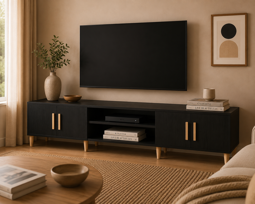 Meuble TV noir contemporain avec rangements fermés latéraux et niches ouvertes pour équipements multimédias