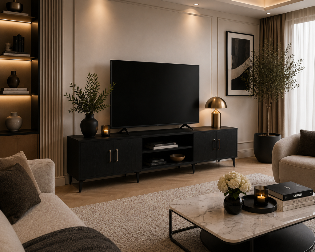 Meuble TV noir avec rangements fermés et niches ouvertes pour équipements multimédias dans un intérieur moderne