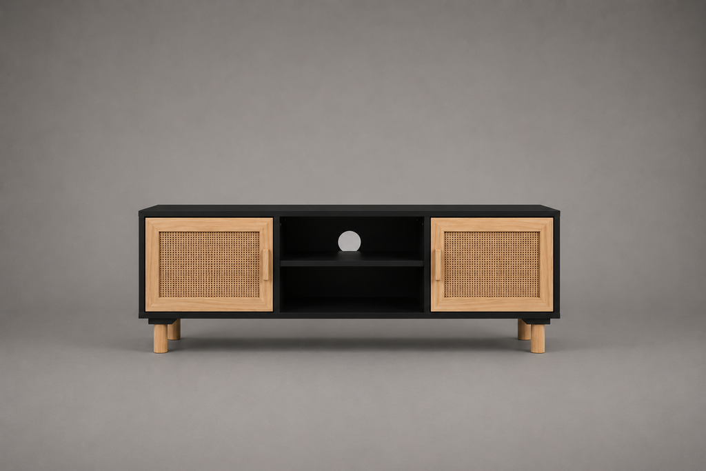 Meuble TV noir mat avec portes en rotin tressé naturel, niches ouvertes et pieds en bois massif, style bohème moderne et scandinave