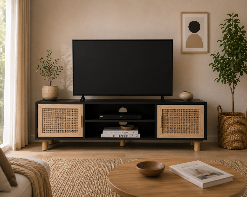 Meuble TV noir mat et rotin naturel de 105 cm avec portes en cannage, niches ouvertes et pieds en bois massif, meuble TV bohème moderne style scandinave et japandi