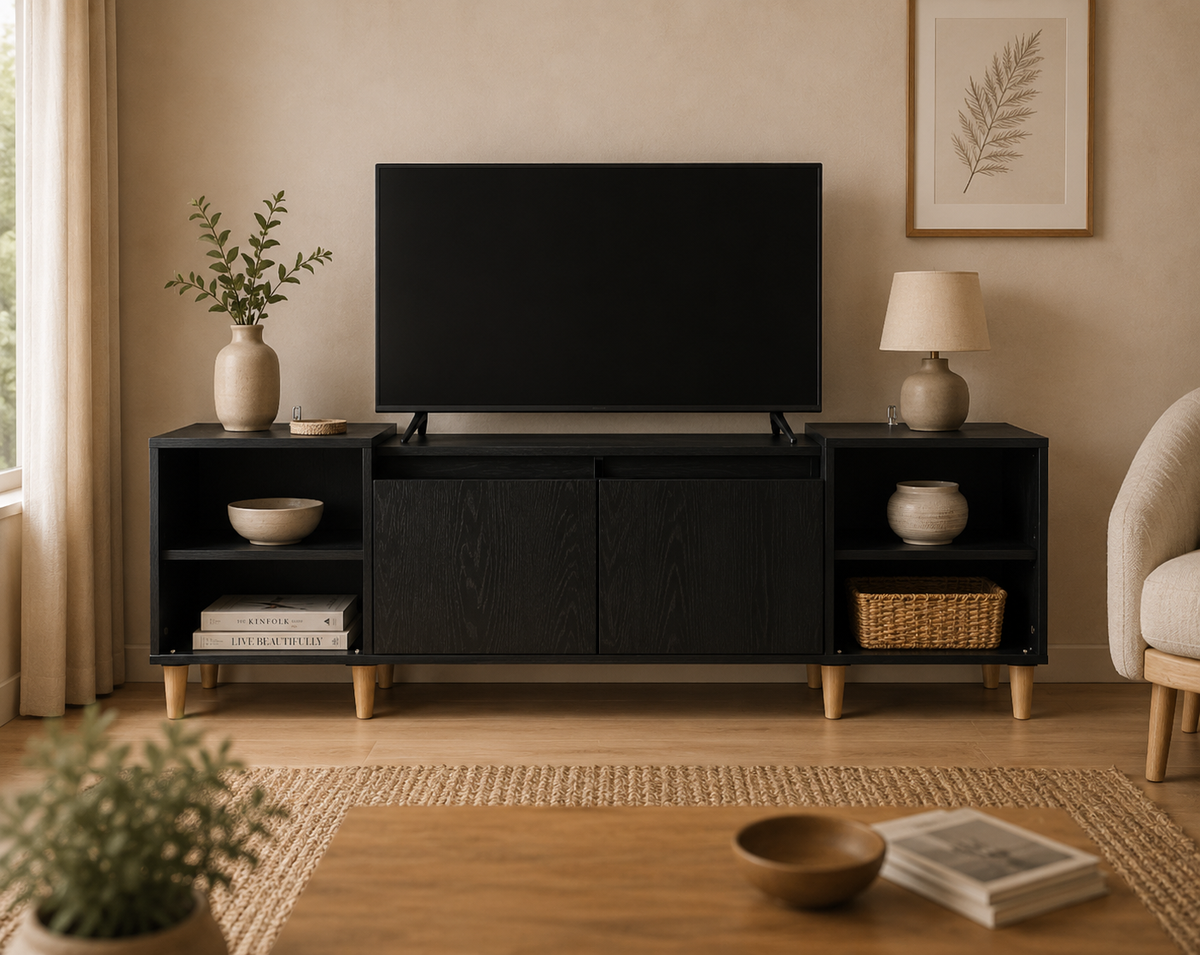 Meuble TV noir effet chêne 160 cm avec étagères ouvertes latérales, portes de rangement et pieds bois, meuble TV scandinave moderne pour grand écran