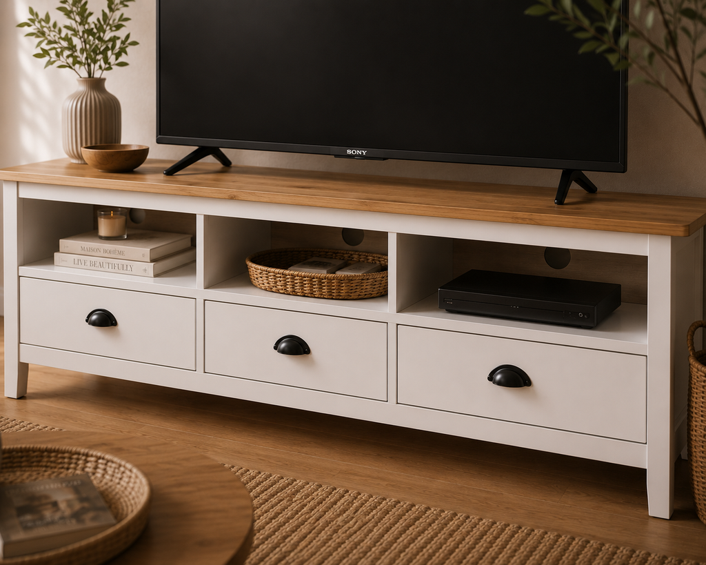 Vue d’angle du meuble TV blanc avec plateau bois naturel, trois tiroirs et trois niches ouvertes en bois de pin massif