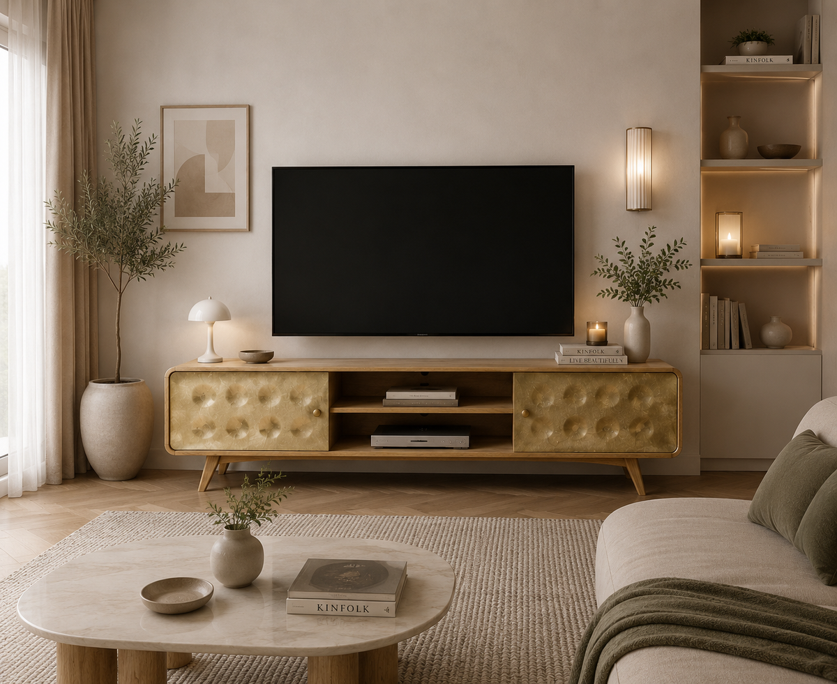 Meuble TV rétro en bois de manguier avec façades dorées décoratives installé dans un salon élégant avec télévision grand écran