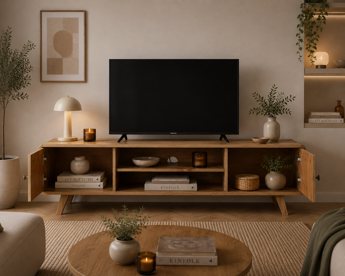 Meuble TV rétro avec façades dorées et structure en bois massif de manguier dans un salon moderne et raffiné