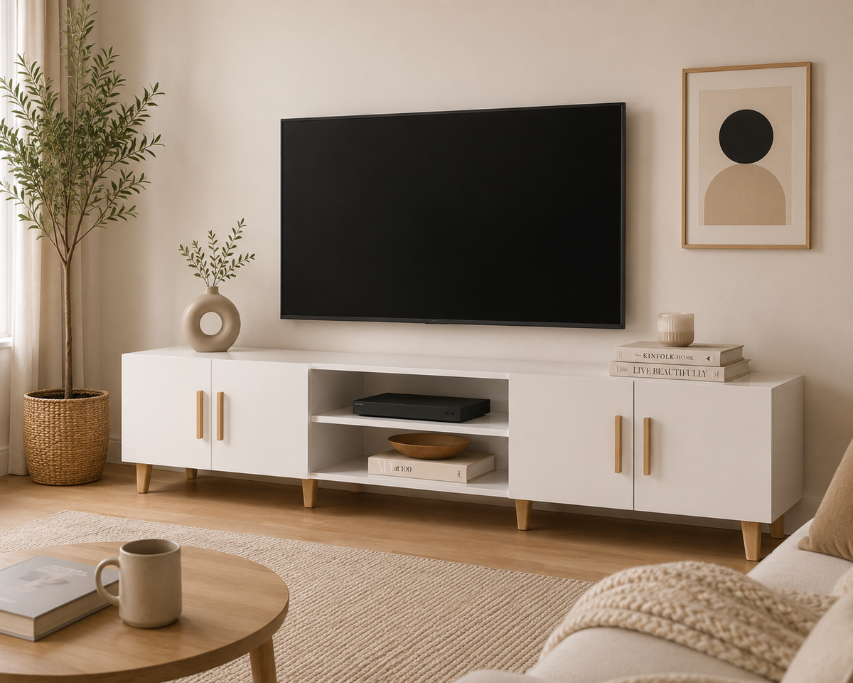 Meuble TV blanc brillant avec pieds en bois naturel et poignées dorées dans un salon scandinave lumineux et contemporain